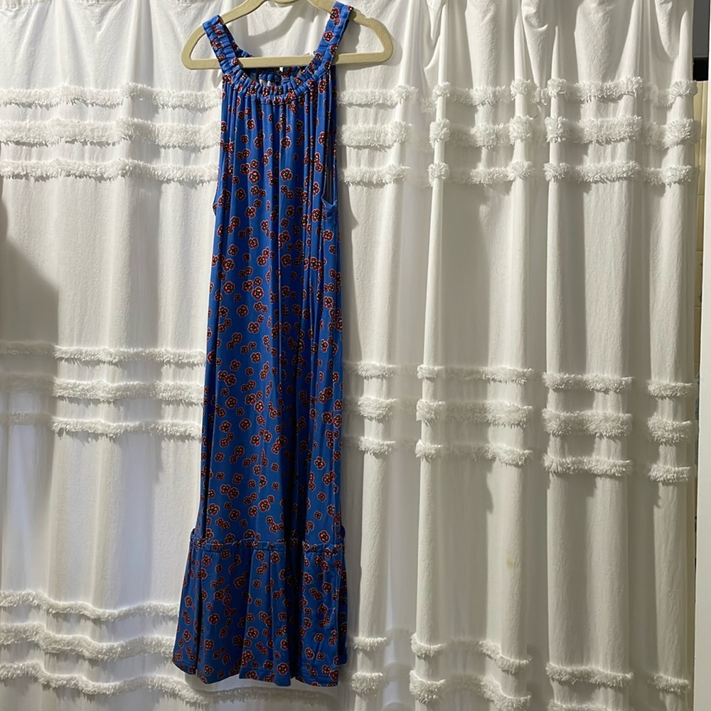 Loft SP Blue Red Floral Halter Ruffle Swing Dress Petite